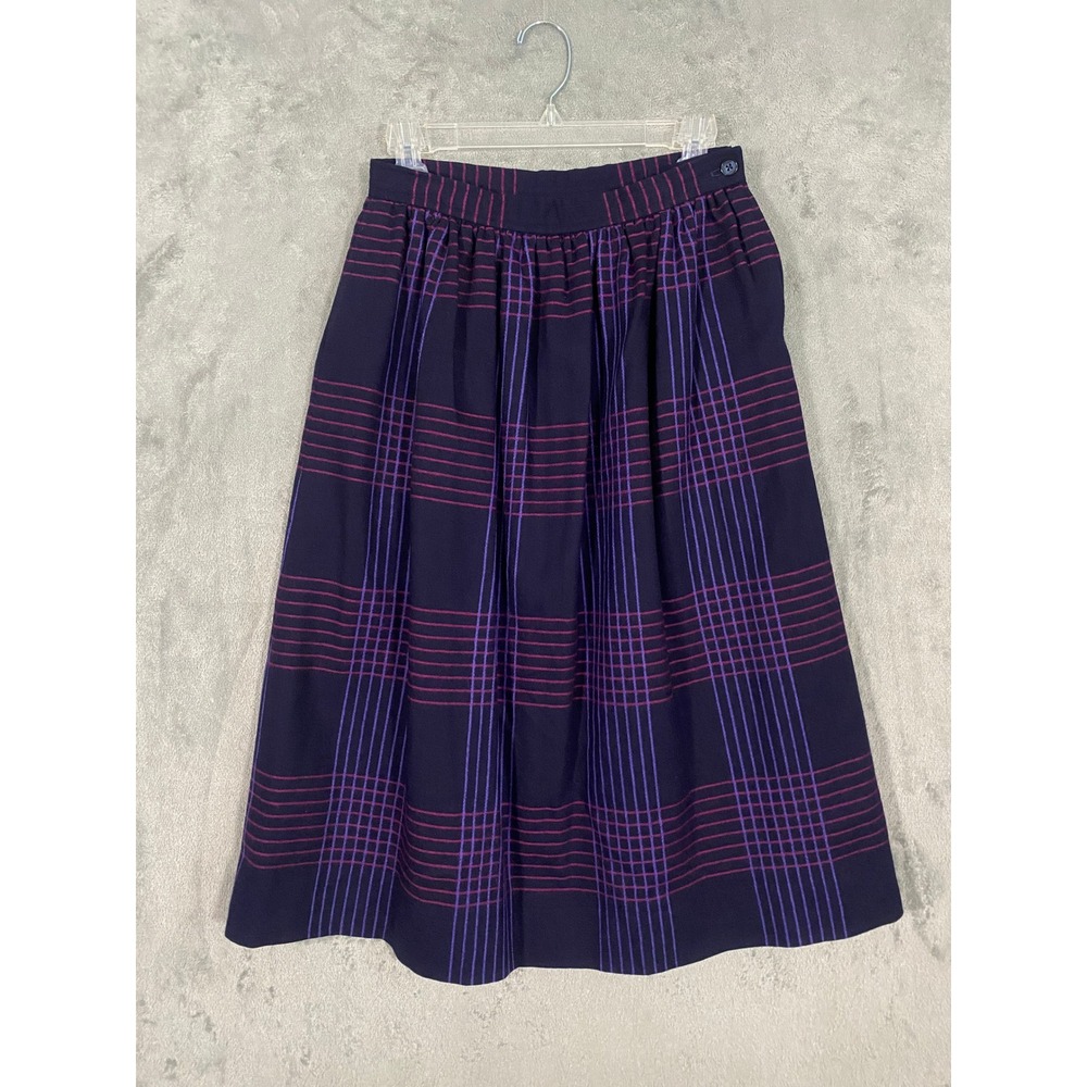 Evan-Picone Skirt Sz 8 Navy Purple Grid Plaid Wool Lined Pockets Midi 80s Preppy
